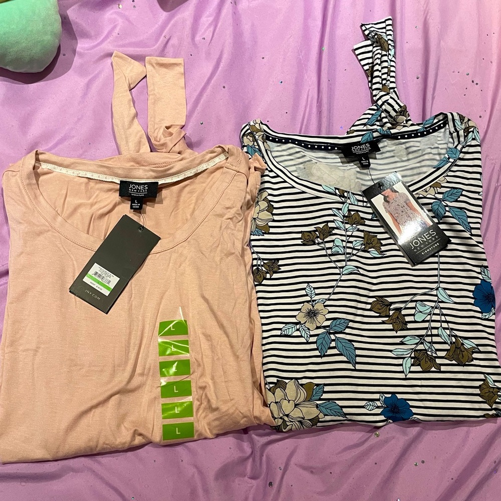 TWO JONES NY SIDE TIE T SHIRTS PINK AND BLUE FLORAL STRIPED SIZE L NWT